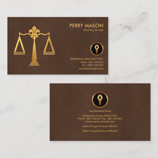 スタイリッシュなブラウンの革金ゴールドの正義は弁護士をはかりで測ました 名刺 (正面/裏面)