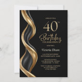 スタイリッシュなブラックとゴールドの40歳の誕生日パーティー 招待状 (正面)