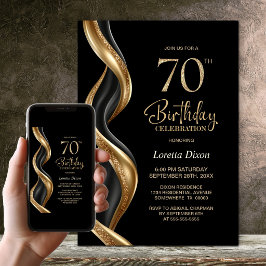 スタイリッシュなブラックとゴールドの70歳の誕生日パーティー 招待状