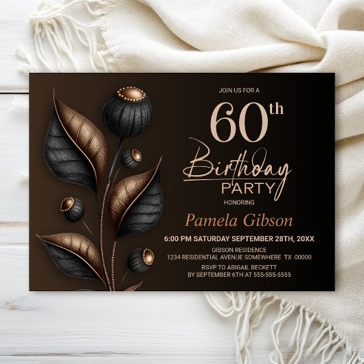 スタイリッシュなブラックと銅色のユーカリを使った60歳の誕生日 招待状