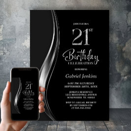 スタイリッシュなブラック&シルバーの21歳の誕生日パーティー 招待状