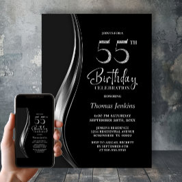 スタイリッシュなブラック&シルバーの55歳の誕生日パーティー 招待状