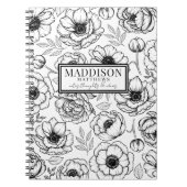 スタイリッシュなブラック＆ホワイトの花柄パーソナライズドネーム ノートブック (正面)