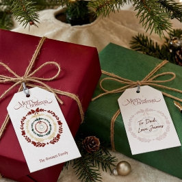 スタイリッシュなメリークリスマスのワインレッドとグリーンのリース ギフトタグ
