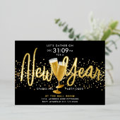 スタイリッシュなモダンな新年のシャンパンコンフェッティブラック 箔シーズンカード (立ち正面)