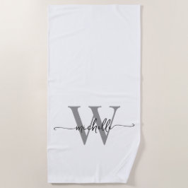 スタイリッシュなモダンな白と灰色のモノグラム名前スクリプト ビーチタオル