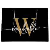 スタイリッシュなモダン ブラック ゴールド モノグラムイニシャルスクリプト ラージペーパーバッグ (正面)