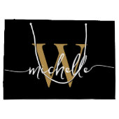 スタイリッシュなモダン ブラック ゴールド モノグラムイニシャルスクリプト ラージペーパーバッグ (裏面)