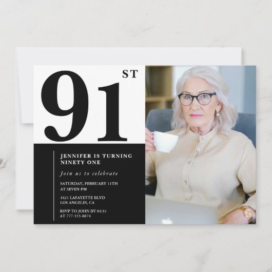 スタイリッシュなモノクロ写真 91歳の誕生日 招待状 (正面)