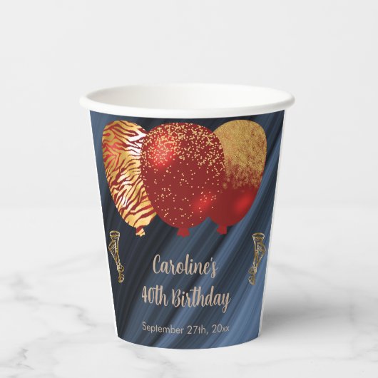スタイリッシュなラメとゴールドの赤い風船 40歳の誕生日 紙コップ (正面)