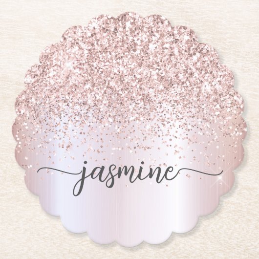 スタイリッシュなローズゴールドのグリッター付きモノグラム名前の署名 ペーパーコースター (正面)