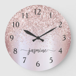 スタイリッシュなローズゴールドのグリッター付きモノグラム名前の署名 ラージ壁時計