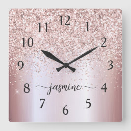 スタイリッシュなローズゴールドのグリッター モノグラム名前の署名 スクエア壁時計