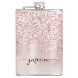 スタイリッシュなローズゴールドのグリッター モノグラム 名前 シグネチャー フラスク