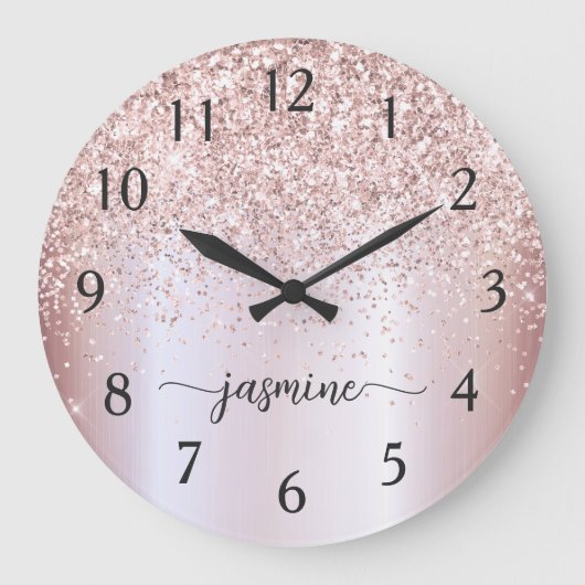 スタイリッシュなローズゴールドのグリッター モノグラム 名前 シグネチャー ラージ壁時計 (正面)