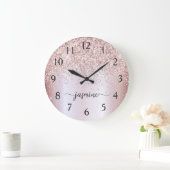 スタイリッシュなローズゴールドのグリッター モノグラム 名前 シグネチャー ラージ壁時計 (ホーム)