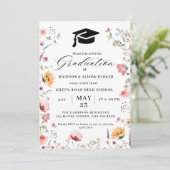 スタイリッシュなワイルドフラワーの牧場のような庭園でのツイン卒業式 招待状 (スタンド正面)