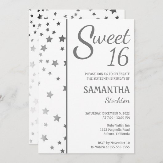 スタイリッシュな星のスイート16 招待状 (正面/裏面)