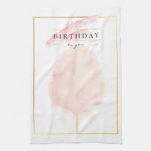 スタイリッシュな水彩綿あめの誕生日 キッチンタオル (縦)