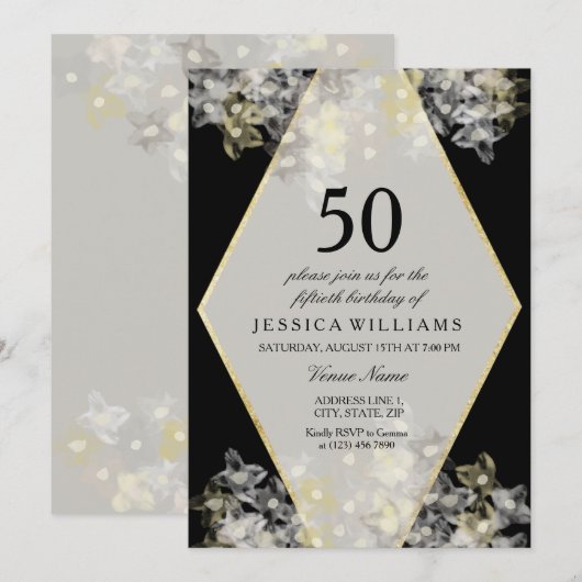 スタイリッシュな水彩花柄の50歳の誕生日 招待状 (正面/裏面)
