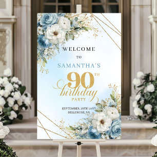 スタイリッシュな水彩 ダスティブルー ゴールド 90歳の誕生日  ポスター