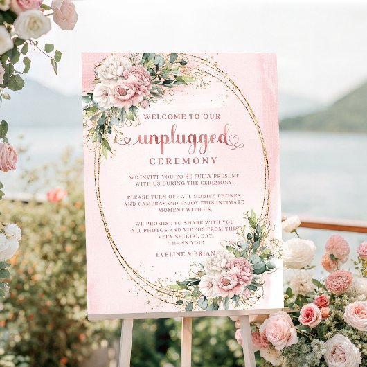 スタイリッシュな淡いピンクのフラワーの「携帯電話オフ」式次第看板 ポスター
