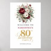 スタイリッシュな深紅の花の80歳の誕生日ウェルカムサイン ポスター (正面)
