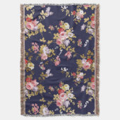 スタイリッシュな濃紺のピンクの金ゴールドのbohoの花柄 スローブランケット (正面縦)