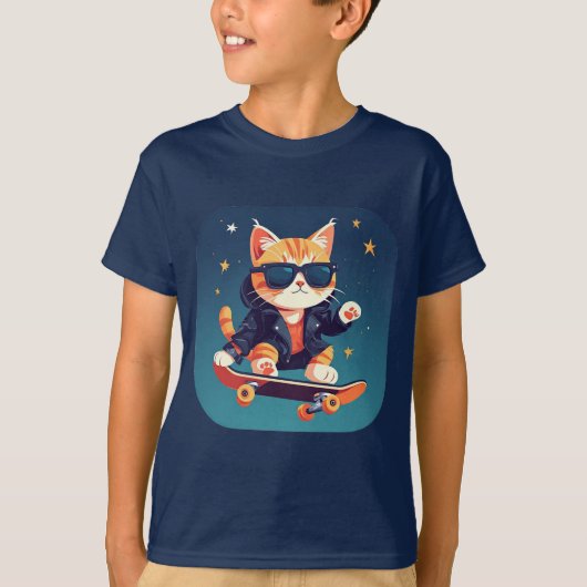 スタイリッシュな猫のスケートボード Tシャツ (正面)