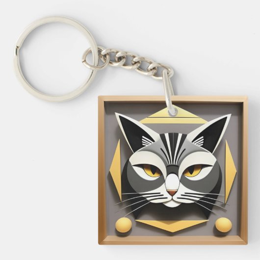 スタイリッシュな猫の抽象的なデザインの幾何学アート キーホルダー (正面)