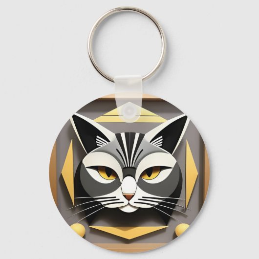 スタイリッシュな猫の抽象的なデザインの幾何学芸術 キーホルダー (正面)