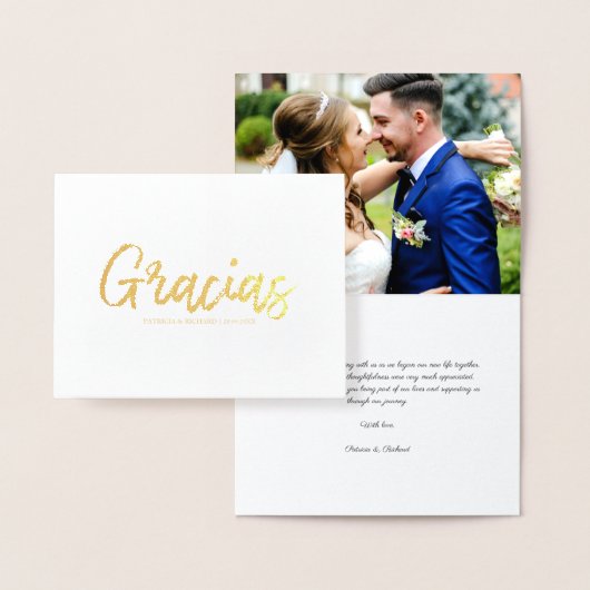 スタイリッシュな筆記体で"Gracias"と書かれた結婚式のサンクスフォト 箔カード (ディスプレー)