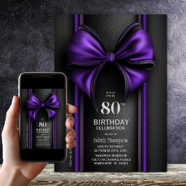スタイリッシュな紫のリボンの80歳の誕生日パーティー 招待状