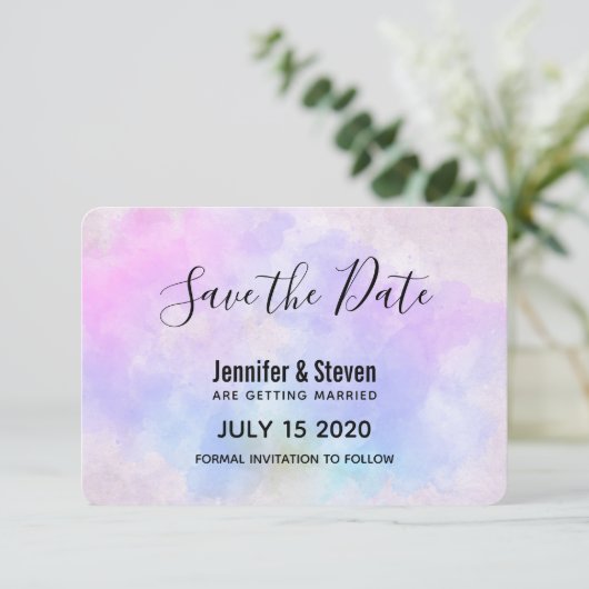 スタイリッシュな紫ピンク青アブストラクトウォーターカラー セーブザデート (スタンド正面)