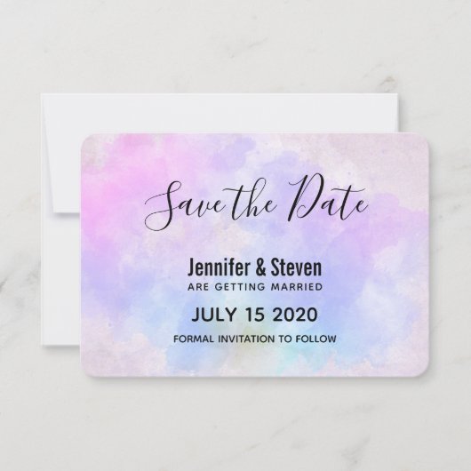 スタイリッシュな紫ピンク青アブストラクトウォーターカラー セーブザデート (正面)