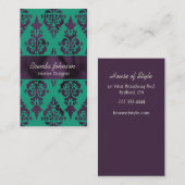 スタイリッシュな紫色および緑のダマスク織の名刺 名刺 (正面/裏面)