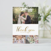 スタイリッシュな結婚式の御礼状 ゴールドスクリプト 3枚の写真 サンキューカード (スタンド正面)