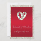 スタイリッシュな結婚指輪、ルビー色の赤い及びグリッターの結婚式 招待状 (正面)