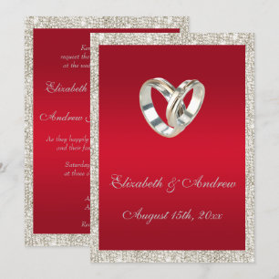 スタイリッシュな結婚指輪、ルビー色の赤い及びグリッターの結婚式 招待状