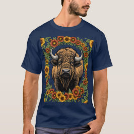 スタイリッシュな花々に囲まれたオクラホマのバイソン Tシャツ