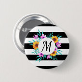 スタイリッシュな花のリースの黒のストライプのモノグラム 缶バッジ (正面&裏面)