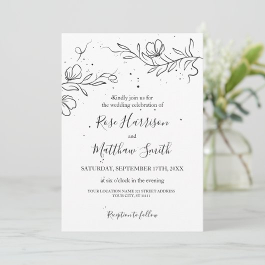 スタイリッシュな花の枝とインクのしずく ウェディング 招待状 (スタンド正面)