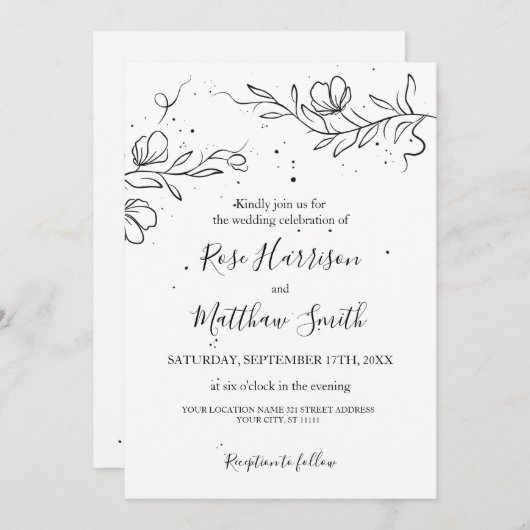 スタイリッシュな花の枝とインクのしずく ウェディング 招待状 (正面/裏面)
