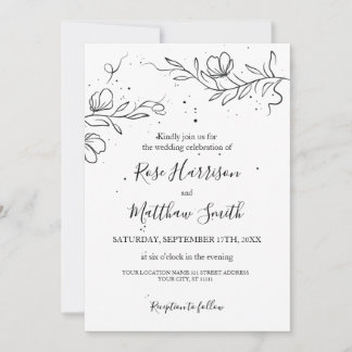 スタイリッシュな花の枝とインクのしずく ウェディング 招待状