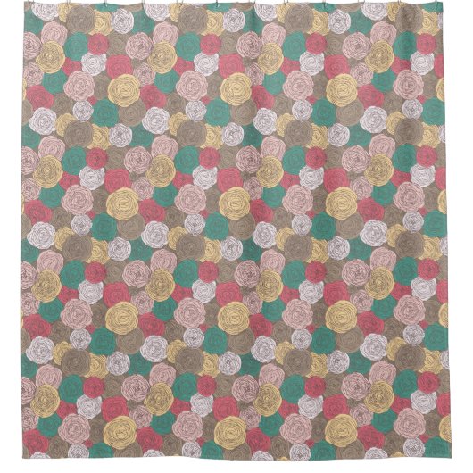 スタイリッシュな花パターン。 明るい花柄 シャワーカーテン (正面)