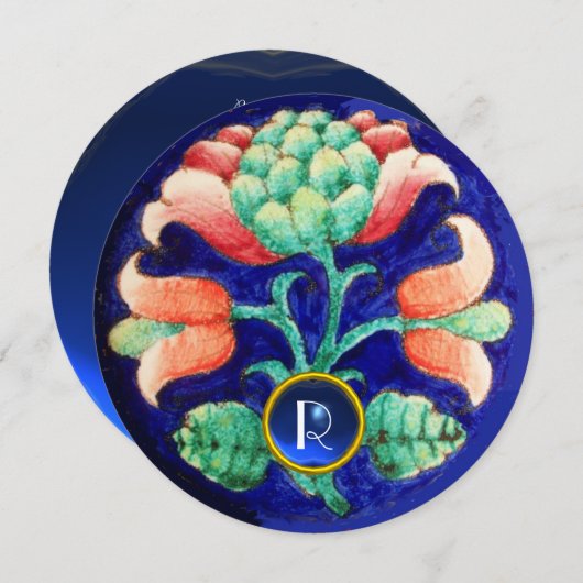 スタイリッシュな花 / ピンク 緑 青 宝石 モノグラム 招待状 (正面/裏面)