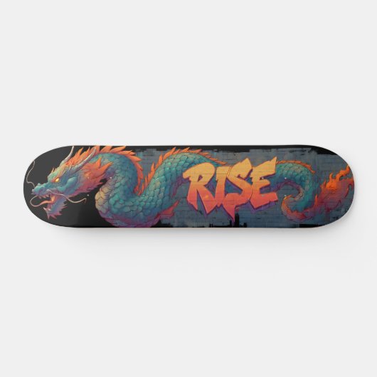 スタイリッシュな落書きドラゴンの壁画と太字の「RISE」 スケートボード (横)