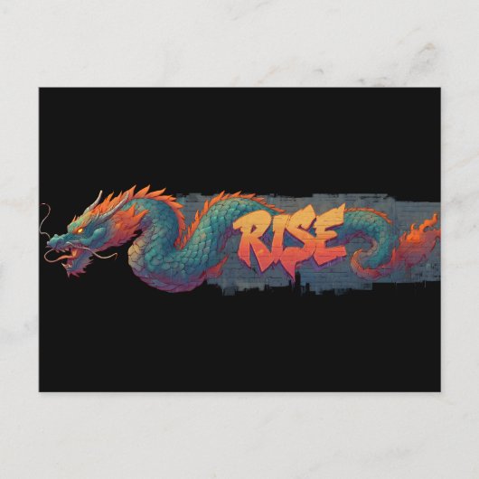 スタイリッシュな落書きドラゴンの壁画と太字の「RISE」 ポストカード (正面)