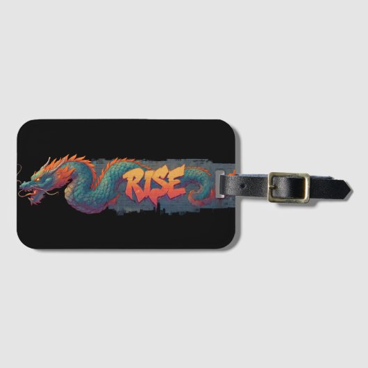 スタイリッシュな落書きドラゴンの壁画と太字の「RISE」 ラゲッジタグ (正面横)