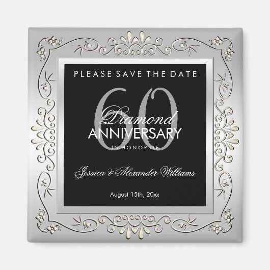 スタイリッシュな装飾シルバー60周年結婚記念 マグネット (正面)